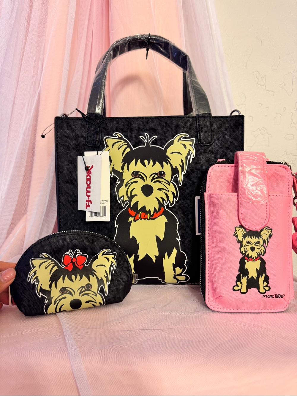 👜[🩵NWT]Marc Tetro Black Dog Graphic Tote Bag 3 Set w Zip Pouch & Wristlet
